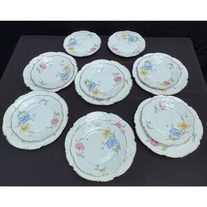 Hutschenreuther 9041 Bavaria Brighton Floral Plates White Gold Trim -OS5